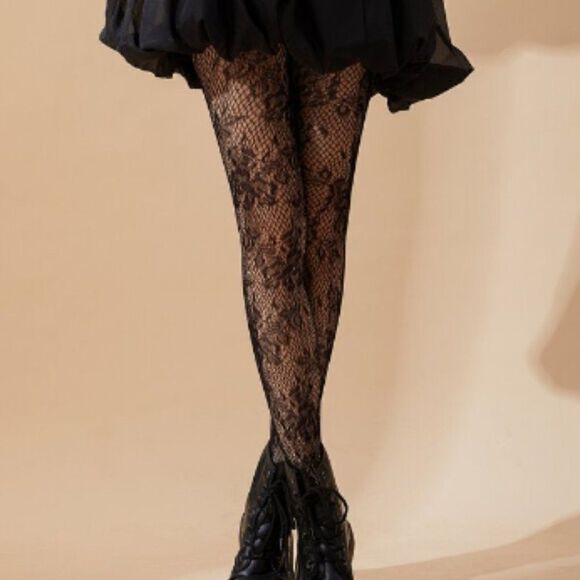 NWT, Floral Pattern Fishnet Black Tights, One Size - Picture 1 of 2